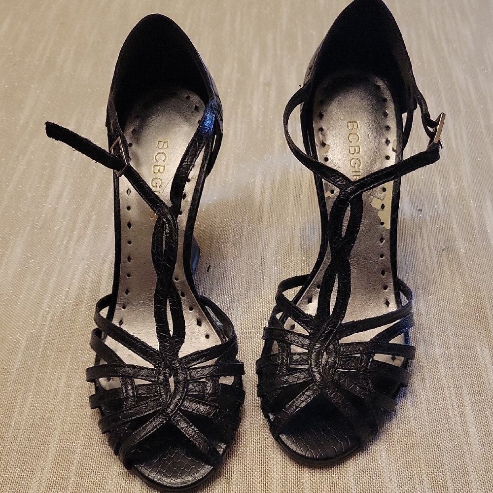 BCBG Black Strappy Heels for Formal Occasions